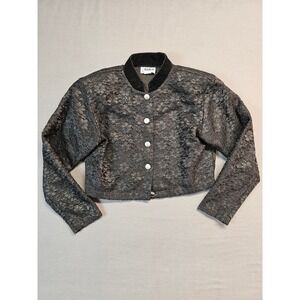 Vintage Banjo Black Lace Velour Trim Cropped Bomber Jacket